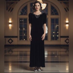 Antique 1930’s Black Silk Velvet Puff Sleeve Rhinestone Embellished Gown Flawed